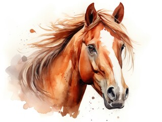  Painting of a Majestic Brown Horse With Long Hair. Watercolor illustration.