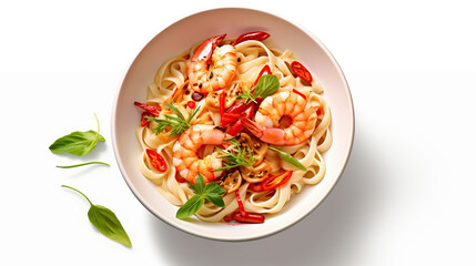 Wall Mural - Shrimp Pasta with Fresh Herbs and Chili on White Background