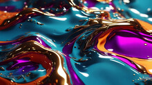 Abstract Background Filled With Metallic Liquid Waves With A Shiny Finish. The Combination Of Aqua, Gold And Pink Colors Forms A Futuristic Wave Pattern That Creates A Dynamic And Modern Look.