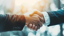 Capture The Moment Of Success With A Business Partnership Meeting And A Powerful Handshake. Successful Businessmen Sealing The Deal Against A Horizontal, Blurred Background. Generative Ai