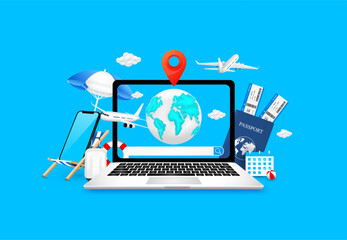 Search bar empty and World map, red location pin in laptop computer with airplane taking off. Deck chair umbrella luggage, ticket passports. Search to travel destination, booking flight online. Vector