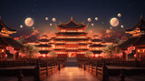 Fototapeta  - Chinese new year, Traditional Chinese lanterns display in Temple illuminated for Chinese new year festival, at night. Year of dragon, 2024.	
