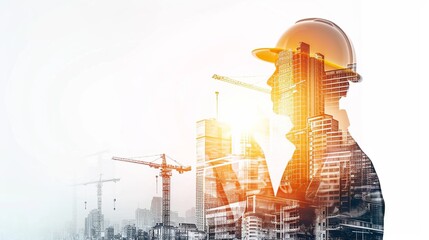 double exposure of engineer in safety helmet with oil plant. the synergy of industrial, technology, 