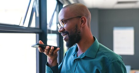 Phone, voice recognition and businessman in office by window for mobile communication. Smile, technology and professional African male person recording message or on call with cellphone in workplace.