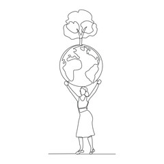 Wall Mural - Continuous single line sketch drawing of happy woman holding earth globe and plant tree save world environment. One line art of protect nature ecology earth care world day vector illustration