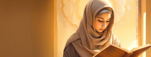 A young Muslim girl reads the Koran. Woman's prayer. Faith in God. Holy book.