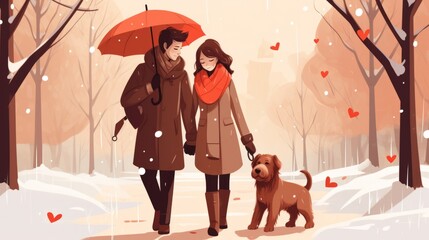 Wall Mural - Cartoon People With Pets_3. valentine love woman and man winter png like style