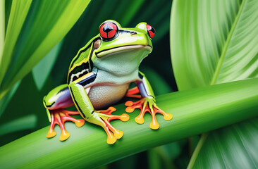 a tropical green frog sits on a branch of a tropical plant.