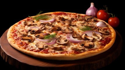 Freshly baked pizza with mushrooms, cheese, and tomatoes on a rustic wooden table, with ingredients in the background.