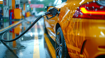 Refueling a car at a gas station, close-up