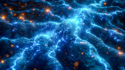 Poster - Blue energy roots imbued with energy, abstract background illustration of a tree in the dark