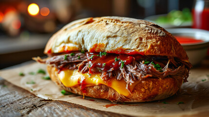 Turkish Doner Kebab sandwich with beef, cheese, onion and ketchup on rustic background.