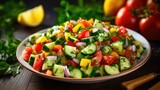 A plate of vibrant and refreshing Israeli salad, packed with diced cucumbers, tomatoes, and bell peppers, tossed in a lemony dressing and garnished with freshly chopped herbs.