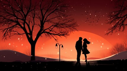 Wall Mural - Silhouette of a couple in the night. valentine love woman and man winter png like style