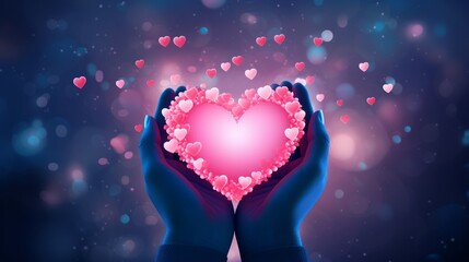 Sticker - Card or banner on Valentine's Day in pink February 14 with hands forming a heart on a dark blue background with pink circles in bokeh effect. valentine love woman and man winter png like style