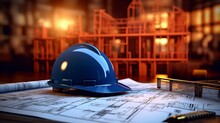 Engineering And Architecture Come Together With A Hard Hat And Detailed Building Plans