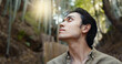 Face, thinking or Asian man in forest for journey on holiday, vacation for freedom or wellness. Hiking, travel and Japanese male person with insight for calm, peace and inspiration to relax in park