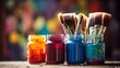 Selection of colorful paints and a brush set the stage for an artistic and colorful home renovation