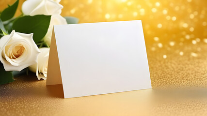 White sheet, letterhead, invitations on a gold background with flowers.