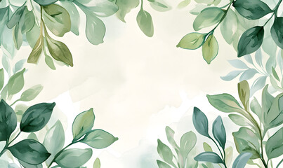 Green leaves watercolor background invitation template, Generative AI