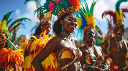 Smiling woman in colorful carnival costume.