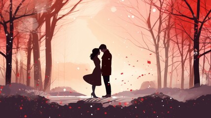 Wall Mural - Illustration of a romance couple scene, winter snowfall in forest, romantic atmosphere with cute lover looking at each other. valentine love woman and man winter png like style