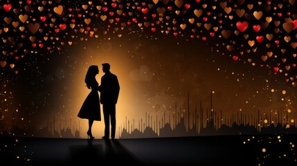 Wall Mural - Card or banner on a Happy Valentine's Day in gold on a black background with round bokeh effect and a heart formed of small red heart. valentine love woman and man winter png like style