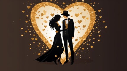 Wall Mural - Card or banner on Valentines Day 2021 in gold on a gradient brown and black background with gold colored glitter. valentine love woman and man winter png like style