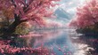 Tranquil scene of Sakura trees in full bloom along a peaceful river, petals gently falling, serene and picturesque