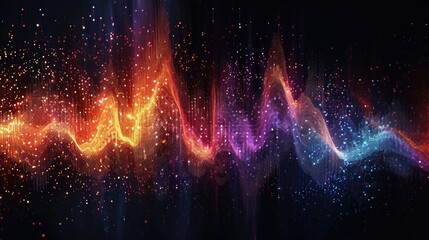 Visualization of music sound waves, colorful patterns against a black background, resembling a digital equalizer