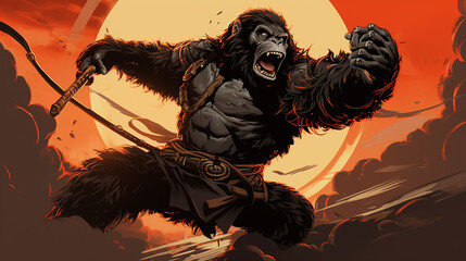illustration of a cool gorilla robot with red eyes wearing battle armor carrying a sophisticated samurai sword while screaming and jumping without a background.