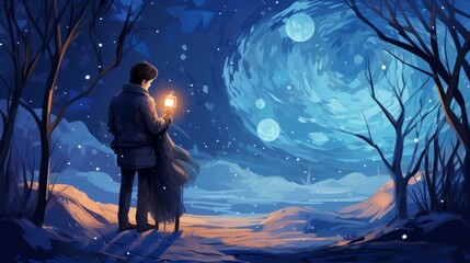 Wall Mural - A boy looking through a telescope at the stars with a telescope in his hand and a telescope in his other hand, with a star in the background, a full moon and a dark.. valentine love woma