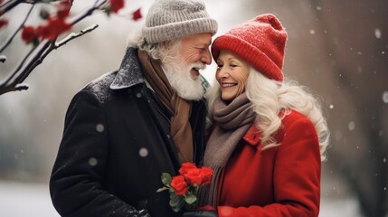 Wall Mural - Elderly couple hugging outdoors in winter. valentine love woman and man winter png like style