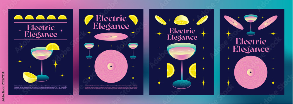 Y2k retro style poster template with cocktail in glass, vinyl records ...