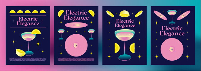 Wall Mural - Y2k retro style poster template with cocktail in glass, vinyl records and lemon slices in bright pink color. 2000s aesthetic banner layout with drink and music elements and text box.
