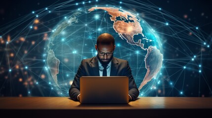 A businessman sitting at a table and working on a laptop against the background of a digital hologram with a world map of circuits. Investments in global business, Modern technology concepts.