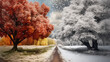 A striking visual contrast of trees depicted in autumnal red and snowy white, symbolizing seasonal change.