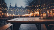 Festive holiday decorations and warm lights adorning an outdoor market, inviting a cozy, celebratory mood in the evening.