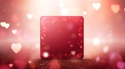 Sticker - Card or banner to wish a happy Valentine's Day in red in a white rectangle with gold edges and light and dark pink hearts in bokeh effect around it on a dark pink gradient background. valentine love w