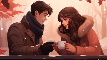 Wall Mural - A cozy of a couple sipping hot cocoa together. valentine love woman and man winter png like style