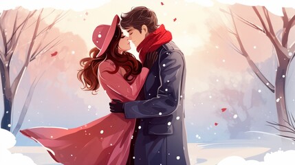 Wall Mural - Couple kiss in winter holiday theme. valentine love woman and man winter png like style