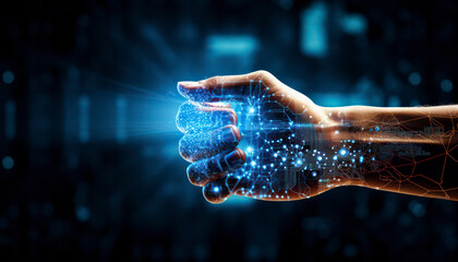 Poster - Digital Networking in Business Technology: Innovative Web Interface, Blue-Toned Cyberspace, and Futuristic Handheld Hologram - Global Connectivity and Modern Innovation, Banner