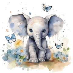 Cute baby elephant watercolor illustration