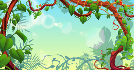 Wall Mural - Jungle background with border frame from liana vine, green leaves and flowers. Cartoon sunny tropical backdrop with empty space for text. Rainforest long creeping plant branches with vegetation.