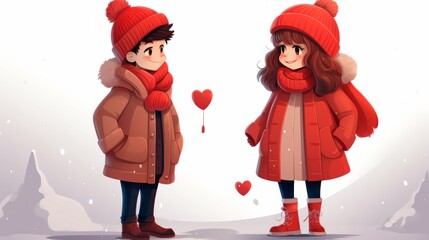 Wall Mural - Set Love couple, cute boy and girl together. valentine love woman and man winter png like style