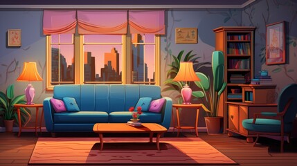 Wall Mural - Modern living room interior illustration in cartoon style. Bright colors, empty room scene for game background