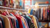 Fototapeta  - Blurred view of colorful second-hand items for sale at a local charity shop