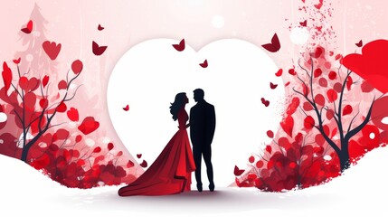 Sticker - Card or banner on Valentines Day red in a red colored heart on a white background with roses and red petals around. valentine love woman and man winter png like style