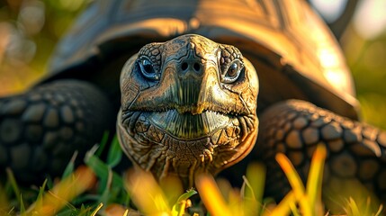 Wall Mural - A wise old tortoise basking in the warmth of the sun, its ancient eyes reflecting a depth of experience and wisdom.