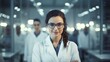 © Ameer - Portrait of a confident female researcher in a white lab coat and glasses, working in a modern medical science laboratory with a team of specialists in the background